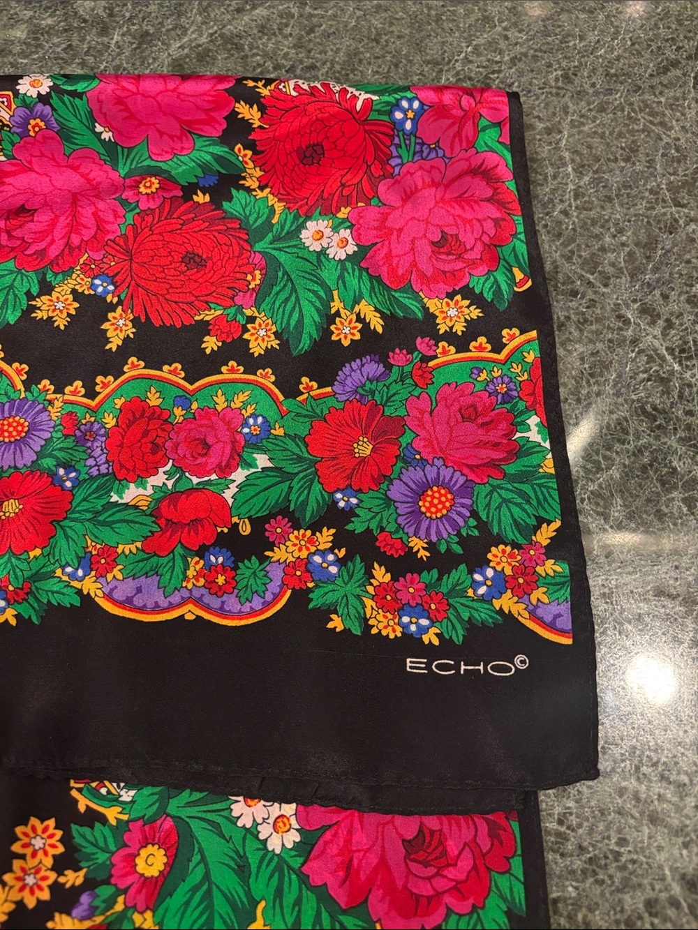 Echo silk scarf with a vibrant color flowers and foliage